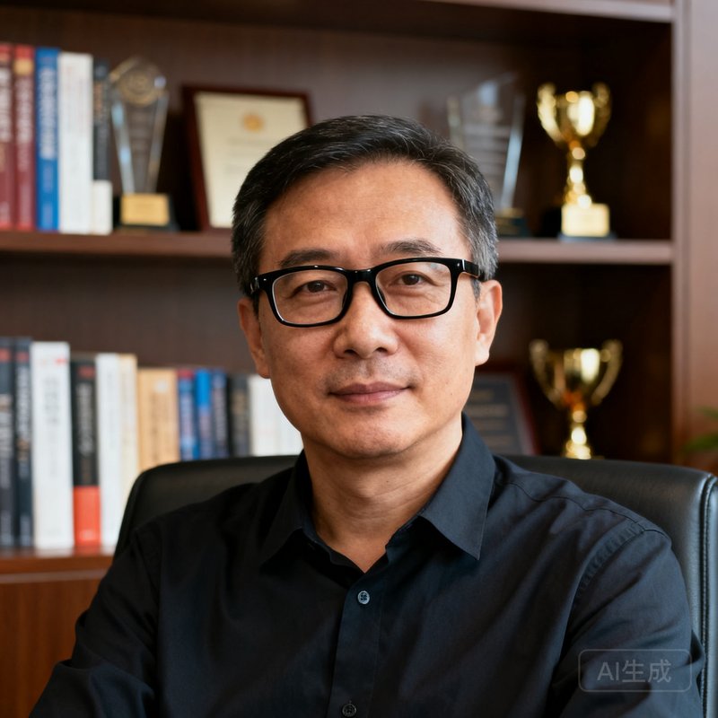 FB体育创始人兼CEO陈志远，四十岁男性，戴着黑框眼镜，穿着深色衬衫，背景为办公室书架